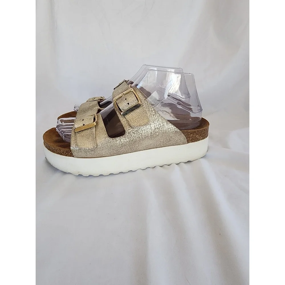 Plakton Bios Gold Metallic Glitter Platform Sandals Spain Buckle‎ Slides  38/7.5